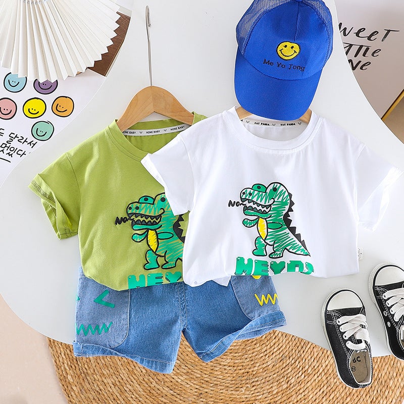Dinosaur Printed Short Sleeve T-Shirt Boys Children'S Clothing Baby Half Sleeve T-Shirt Two-Piece - Image 2
