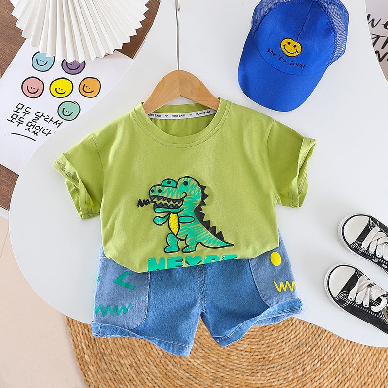 Dinosaur Printed Short Sleeve T-Shirt Boys Children'S Clothing Baby Half Sleeve T-Shirt Two-Piece - Image 5