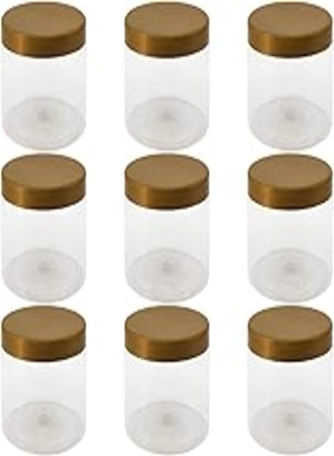 8 Pieces Clear White Plastic Jar 500ml - 9 Cents Diameter - Gold Color Lid and Plastic Medicine - High Quality Healthy Plastic Empty Refill Storage Jar for Empty Round Tins - Art by Artistic