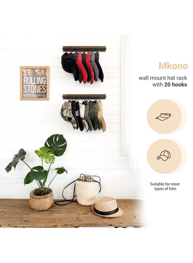 Mkono Mkono Hat Rack for Wall Wooden Baseball Caps Organizer with 20 Hooks Rustic Cowboy Hanger Mounted Hats Display Closet Bedroom Entryway, Set of 2, Brown  - Image 2