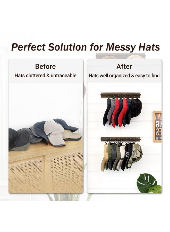 Mkono Mkono Hat Rack for Wall Wooden Baseball Caps Organizer with 20 Hooks Rustic Cowboy Hanger Mounted Hats Display Closet Bedroom Entryway, Set of 2, Brown  - Image 4