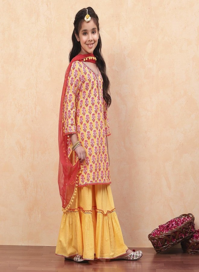 Biba Girl's Cotton Printed Relaxed Kid Salwar Suit Set (Kw4991E_Yellow_11),10-11 Years - Image 3