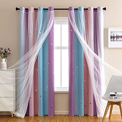 XiDi Girls Curtains for Bedroom, Purple Rainbow Blackout Curtains fo Kids Room Decor, Princess Unicorn Wall Decals Pink 63 Inches Long 34 Wide 1 Panel - Image 1