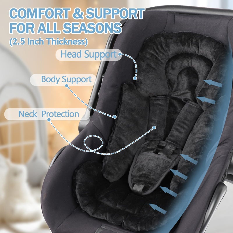 Jundetye Infant Car Seat Insert Boy Girl, 3 in 1 Newborn Carseat Insert with Strap Pads, Car Seat Head Support for Baby Strollers, Swings, and Bouncers, Comfortable and Machine Washable, Black - Image 4