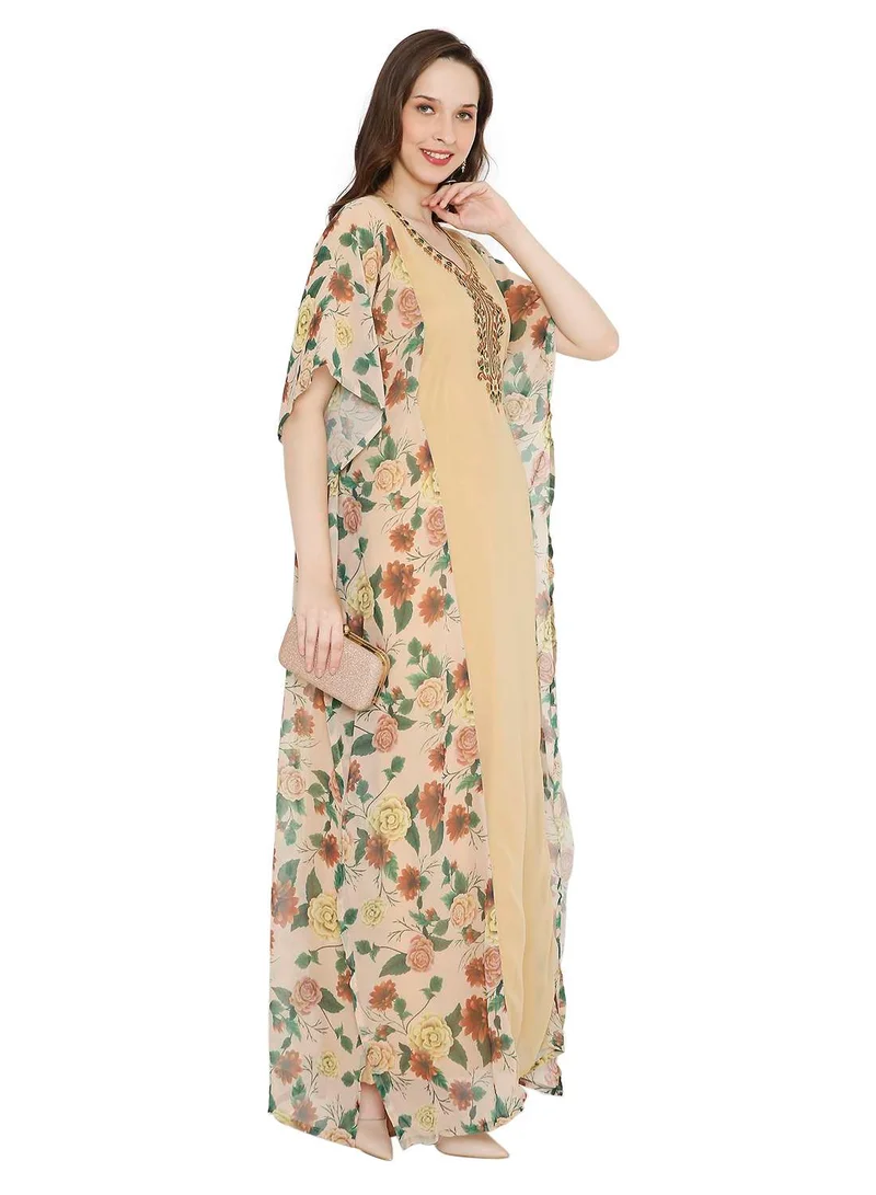 HANA & SARA MULTICOLOUR PRINTED WITH EMBROIDERED SHORT SLEEVES ARABIC KAFTAN JALABIYA DRESSES