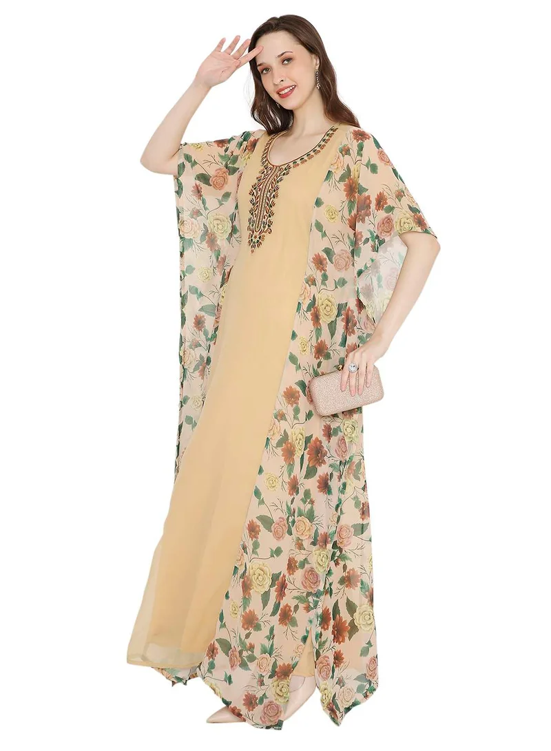 HANA & SARA MULTICOLOUR PRINTED WITH EMBROIDERED SHORT SLEEVES ARABIC KAFTAN JALABIYA DRESSES