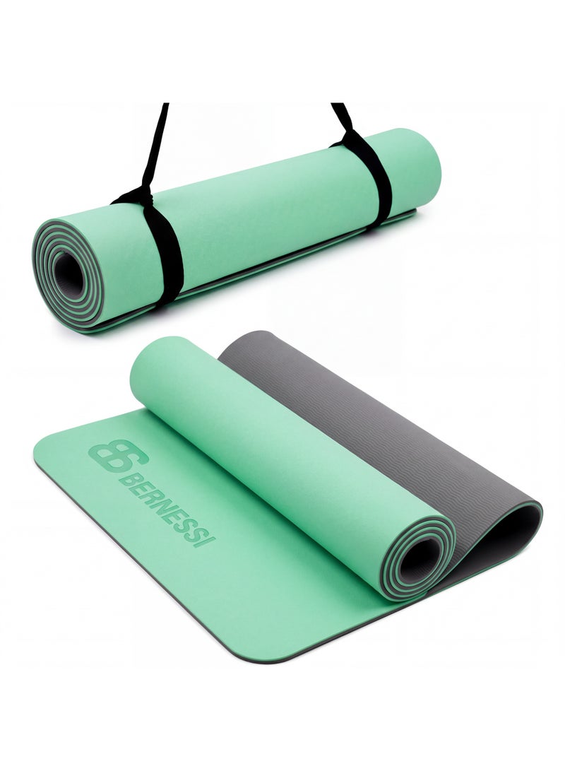 Bernessi 8MM Yoga Mat with Carrying Strap Anti-Slip for Home Workout Exercises Meditation Eco Friendly, Non Skid TPE, GREEN - Image 1