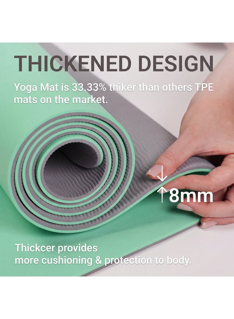 Bernessi 8MM Yoga Mat with Carrying Strap Anti-Slip for Home Workout Exercises Meditation Eco Friendly, Non Skid TPE, GREEN - Image 3