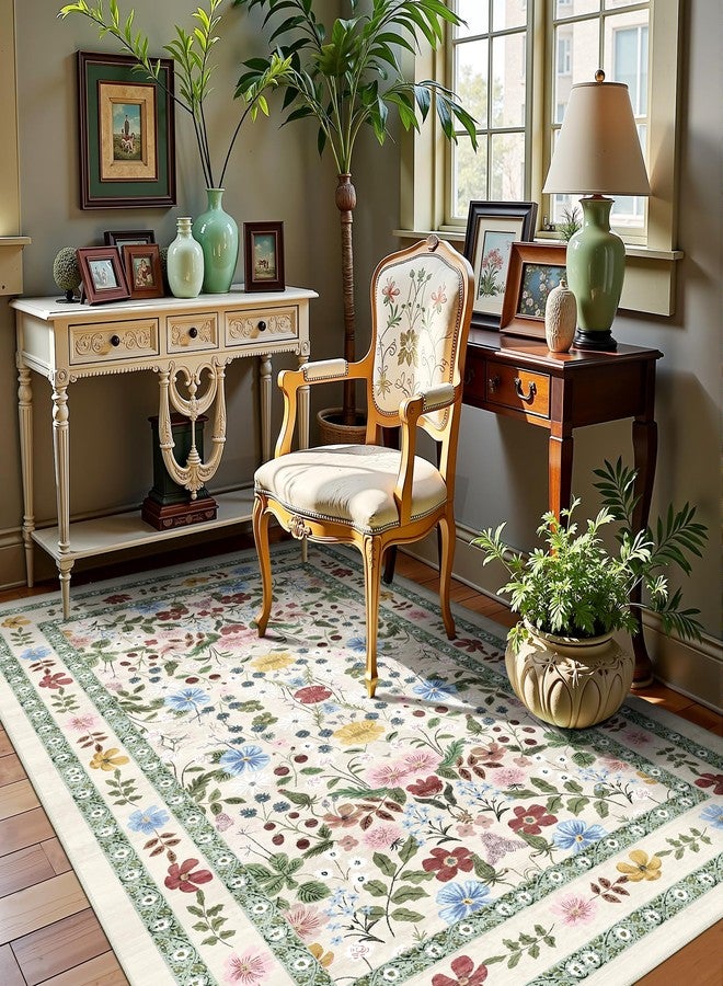Deerly Area Rugs 3x5 Floral Small Thin Entryway Rug - Vintage Boho Washable Non-Slip Living Room Carpet Soft Low Pile Bedroom Floor Mat Indoor Home Decor for Dining Room Playroom Farmhouse, Beige/Green/Multi - Image 1