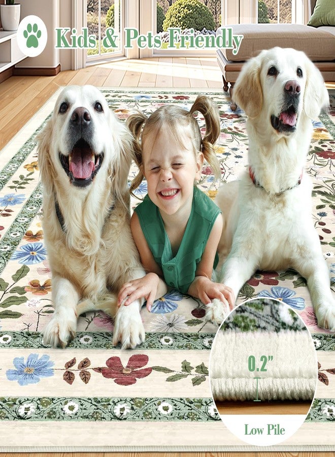 Deerly Area Rugs 3x5 Floral Small Thin Entryway Rug - Vintage Boho Washable Non-Slip Living Room Carpet Soft Low Pile Bedroom Floor Mat Indoor Home Decor for Dining Room Playroom Farmhouse, Beige/Green/Multi - Image 4