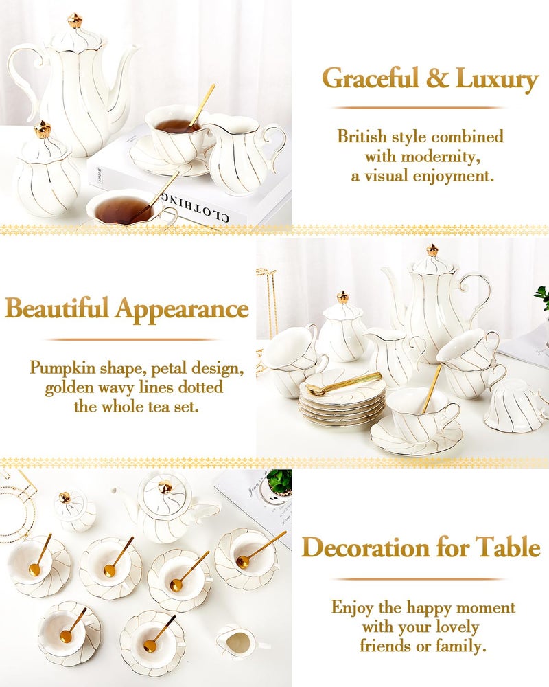 DUJUST 22 pcs White Porcelain Tea Set for 6, Luxury British Style Tea/Coffee Cup Set with Golden Trim, Beautiful Tea Set for Women, Tea Party Set, Gift Package (With a Stand) - Image 4