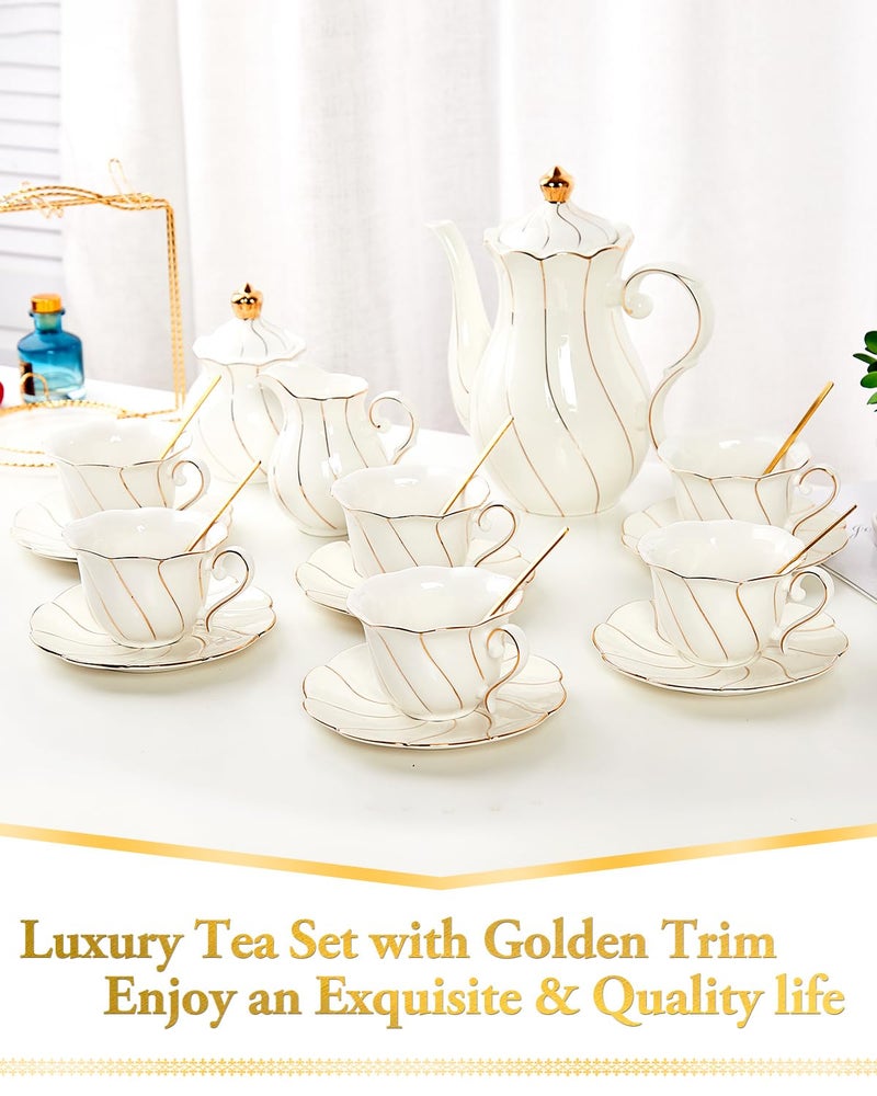 DUJUST 22 pcs White Porcelain Tea Set for 6, Luxury British Style Tea/Coffee Cup Set with Golden Trim, Beautiful Tea Set for Women, Tea Party Set, Gift Package (With a Stand) - Image 3
