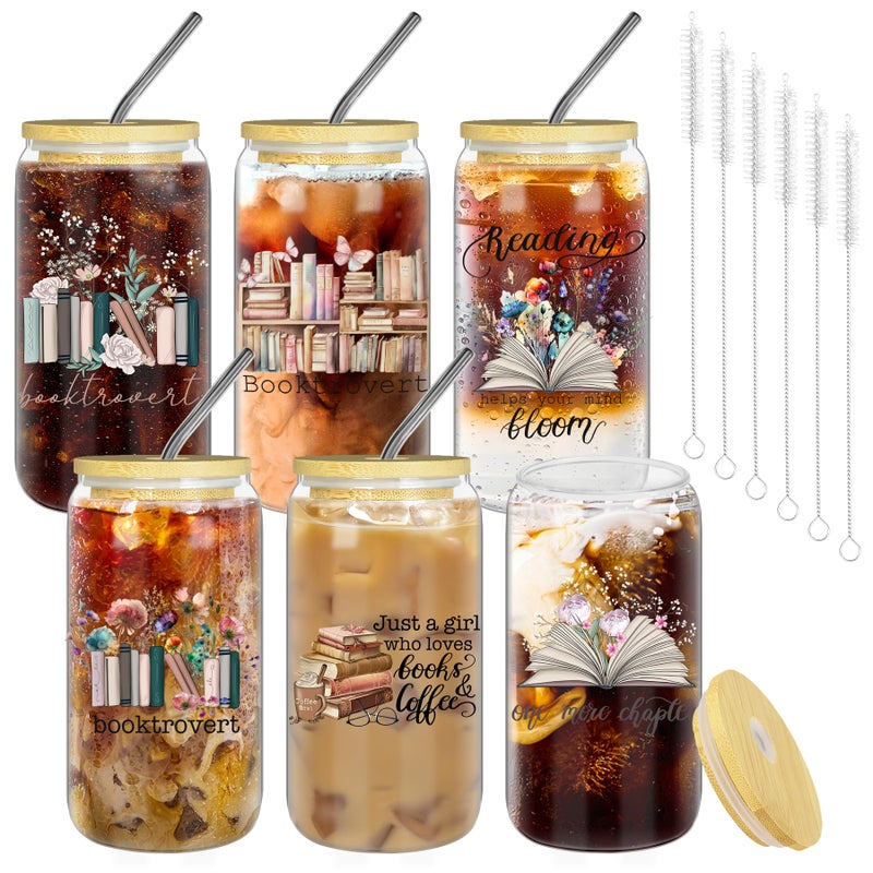 Kuabiz 6 Pcs Book Club Cups Gifts Set for Women Bulk Book Lovers Bookish Librarian Reader Party Glasses With Lids Straws 16 Oz Can Shape Coffee Mason Jars Thank You Appreciation - Image 1
