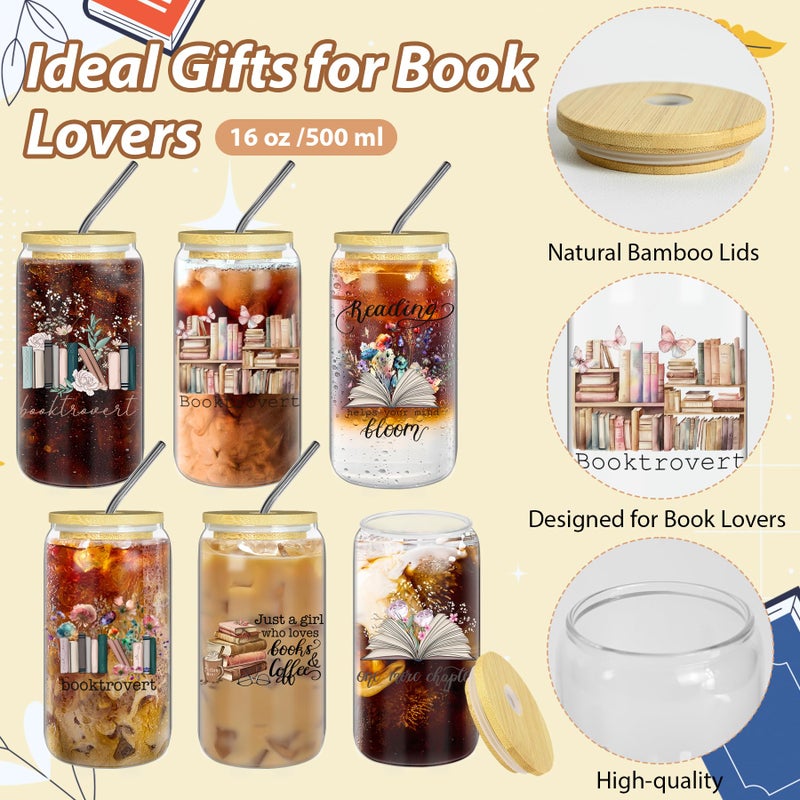 Kuabiz 6 Pcs Book Club Cups Gifts Set for Women Bulk Book Lovers Bookish Librarian Reader Party Glasses With Lids Straws 16 Oz Can Shape Coffee Mason Jars Thank You Appreciation - Image 2