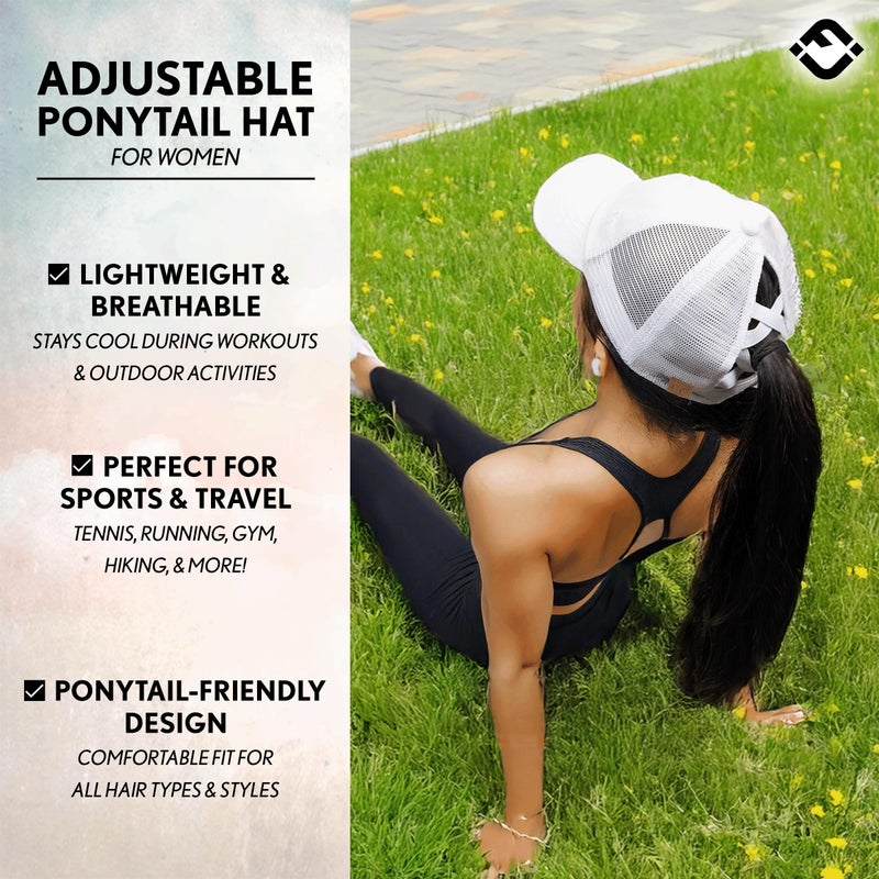 Funky Junque Criss Cross Hats for Women Messy Bun Ball Cap Funny Ponytail Hat with 3 Ponytail Positions Adjustable Fit - Laser Cut: White - Image 3