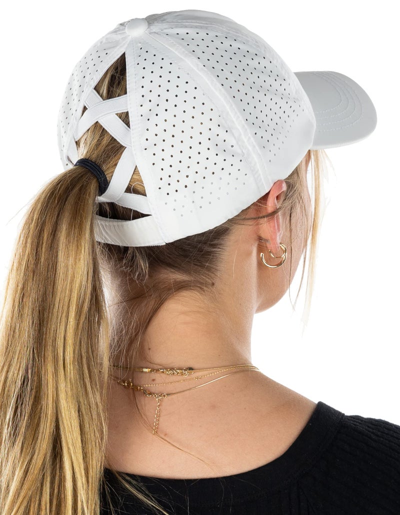 Funky Junque Criss Cross Hats for Women Messy Bun Ball Cap Funny Ponytail Hat with 3 Ponytail Positions Adjustable Fit - Laser Cut: White - Image 1