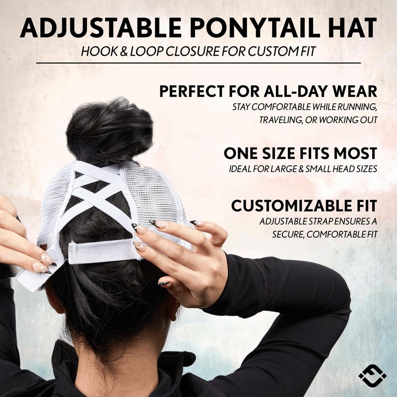 Funky Junque Criss Cross Hats for Women Messy Bun Ball Cap Funny Ponytail Hat with 3 Ponytail Positions Adjustable Fit - Laser Cut: White - Image 4