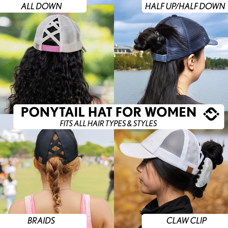 Funky Junque Criss Cross Hats for Women Messy Bun Ball Cap Funny Ponytail Hat with 3 Ponytail Positions Adjustable Fit - Laser Cut: White - Image 5