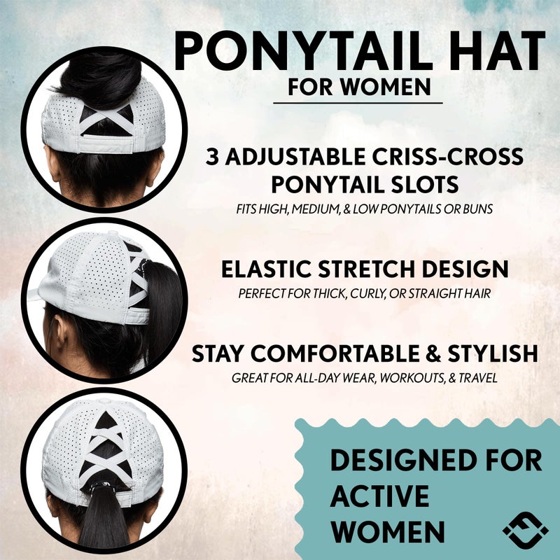 Funky Junque Criss Cross Hats for Women Messy Bun Ball Cap Funny Ponytail Hat with 3 Ponytail Positions Adjustable Fit - Laser Cut: White - Image 2