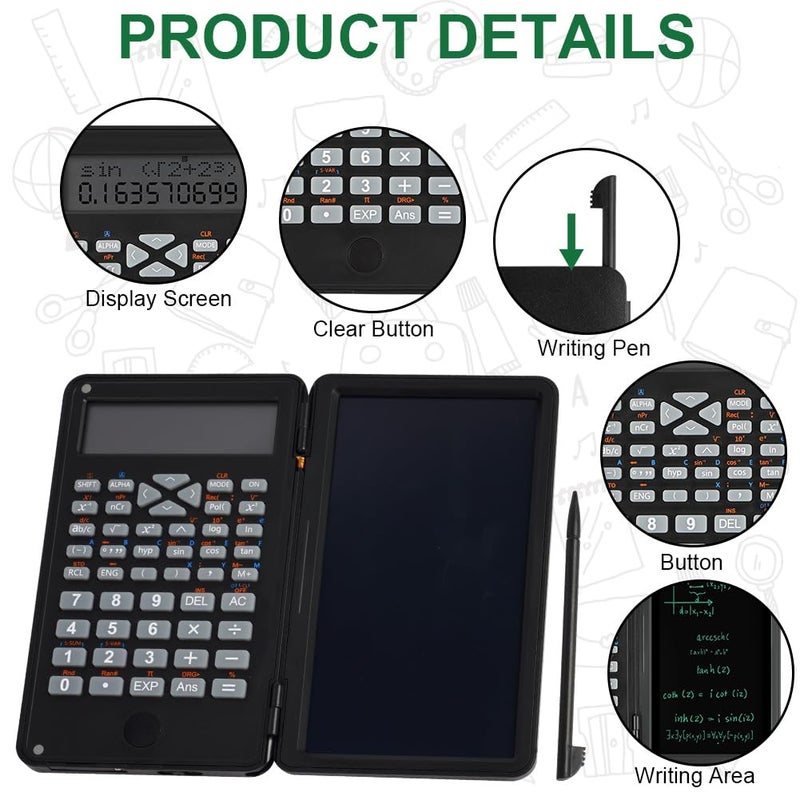 OFFCUP Scientific Calculator, Calculator with 6 Inch Erasable Writing Board, 240 Functions Foldable Office Calculators, for School, High School, Engineer, College (Black) - Image 4