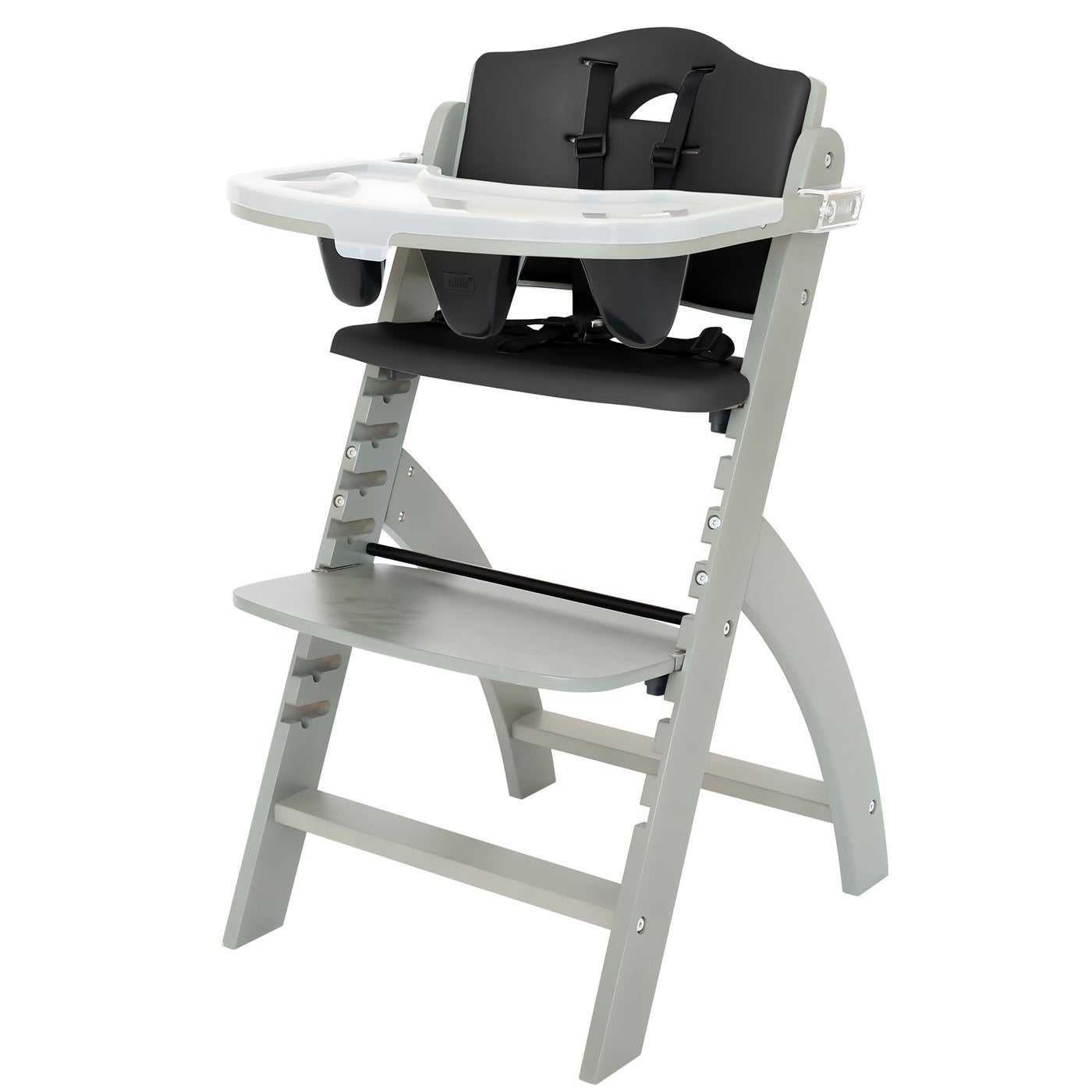 Abiie Beyond Junior Wooden High Chair with Tray Adjustable and Convertible High Chair for Babies and Toddlers 6 Months to 250 Lb Water Resistant Misty Grey WoodBlack Pearl Cushion
