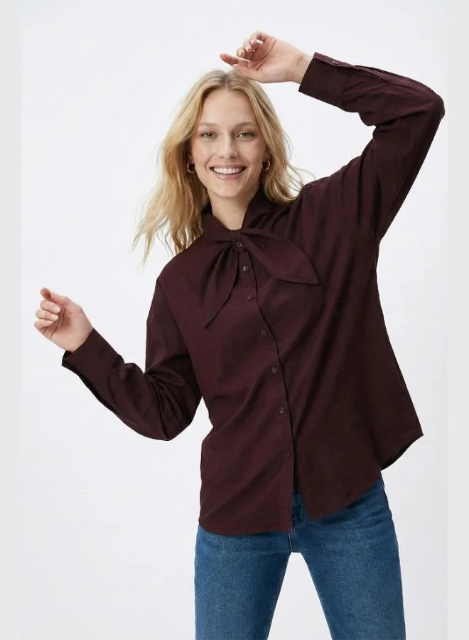 ليلا قميص نسائي بياقة بفيونكة من قطن ليلا بقصة مريحة