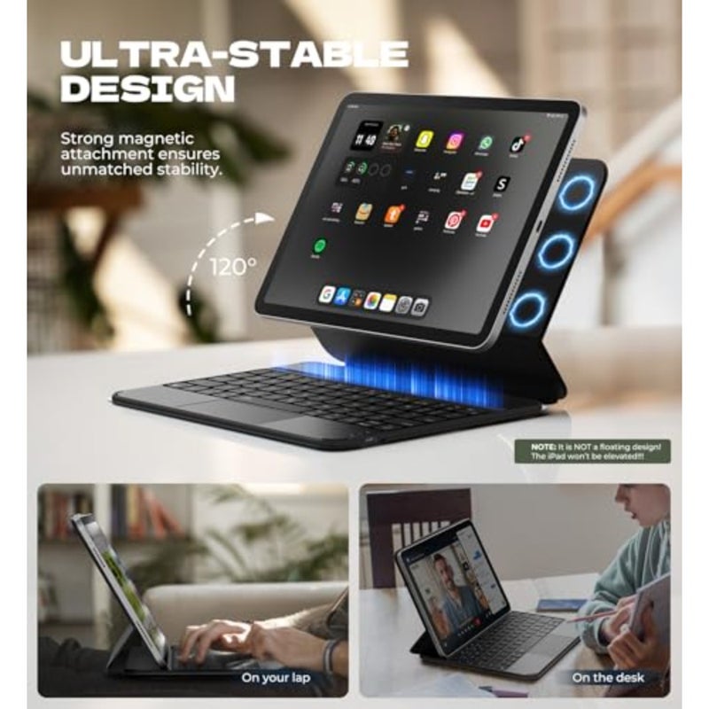 حافظة لجهاز iPad Air 11 بوصة مع لوحة مفاتيح M4/M3/M2 2026/2025/2024 وiPad Pro 11 (الجيل الرابع/الثالث/الثاني/الجيل الأول) وحافظة iPad Air الجيل الخامس/الرابع مع لوحة مفاتيح رفيعة للغاية ولوحة تتبع مغناطيسية بإضاءة خلفية، أسود - Image 3