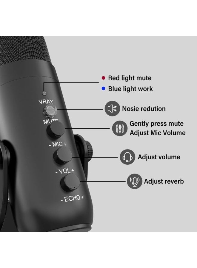 جيه ماري Professional USB Podcast Microphone for PC, Laptop & Mobile – Studio-Quality Condenser Mic with Gain & Reverb Control, One-Touch Mute, Zero-Latency Monitoring, Hypercardioid Pickup, 330° Adjustable Stand, Noise Reduction, and Plug & Play Recording – Ideal for Podcasting, Streaming, Gaming, Voiceovers, Online Meetings, and Content Creation - Image 3