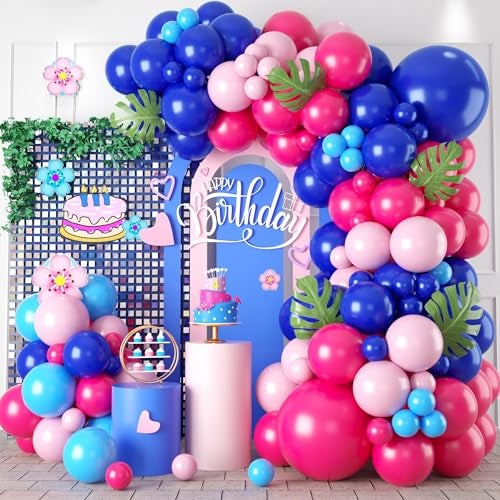 Sowide Blue Balloon Arch KitRoyal Light Blue Hot Pink Balloons with Palm Leaves for Girl Boy Themed Birthday Party Decorations Baby Shower Graduation Summer Pool Hawaii Tropical Party Supplies - Image 1