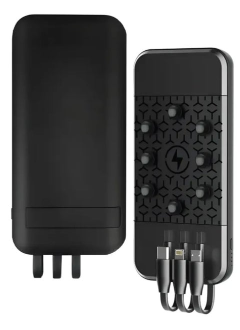 Built-in 3 cables Power Bank with suction cups and side mobile stand, type C / lightning / USB outlet and extra cable cord - 10000mAh - PB3