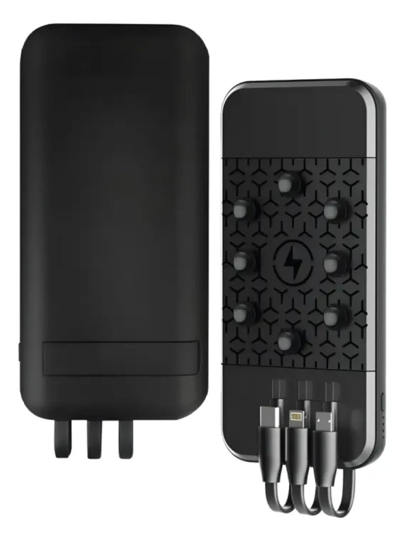 Built-in 3 cables Power Bank with suction cups and side mobile stand, type C / lightning / USB outlet and extra cable cord - 10000mAh - PB3