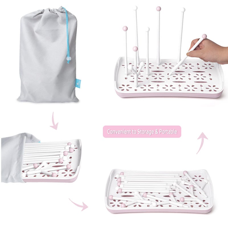 Termichy حامل تجفيف زجاجات الأطفال تيرميشي، حامل زجاجات بسعة كبيرة، حامل تجفيف مع صينية ماء قابلة للإزالة (وردي) - Image 5