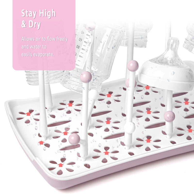 Termichy حامل تجفيف زجاجات الأطفال تيرميشي، حامل زجاجات بسعة كبيرة، حامل تجفيف مع صينية ماء قابلة للإزالة (وردي) - Image 3