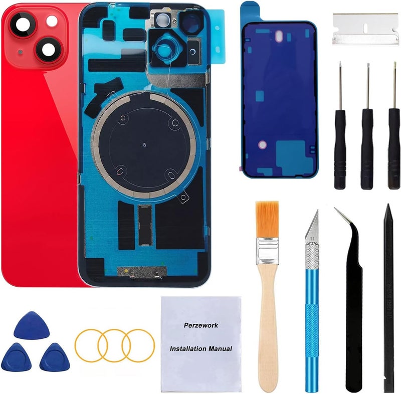 Perzework Rear Back Glass Replacement for iPhone 14 6.1-inches with + Pre-Installed Plate and Camera Frame and Lens + Reparing Tool Kit (Red) - Image 1