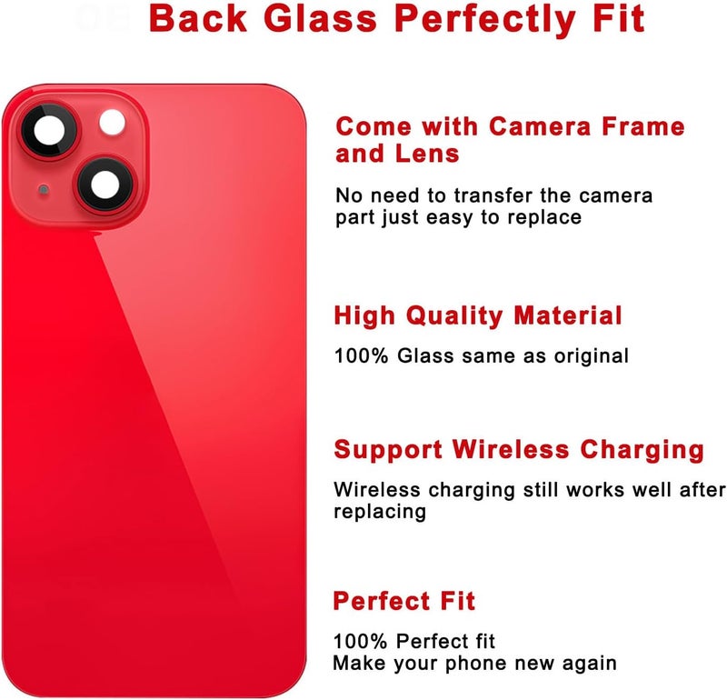 Perzework Rear Back Glass Replacement for iPhone 14 6.1-inches with + Pre-Installed Plate and Camera Frame and Lens + Reparing Tool Kit (Red) - Image 3