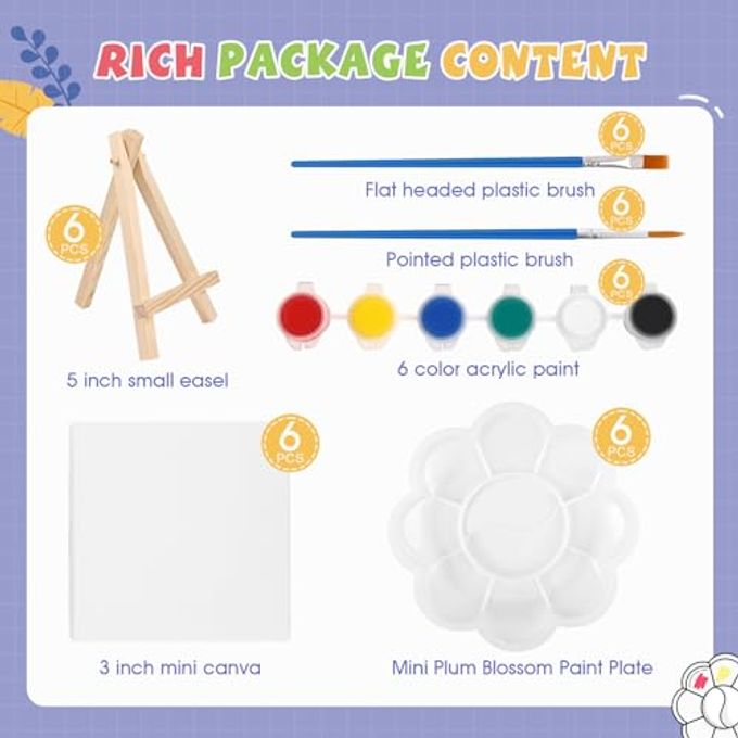 ESRICH 6 Set Mini Acrylic Paint Kit,Minis Stretched Canvas with Easel,Acrylic Paint Strips,Paint Palettes,Painting Brushes, Mini Canvas and Easel Set for Kids Artists Beginner,Gift - Image 2