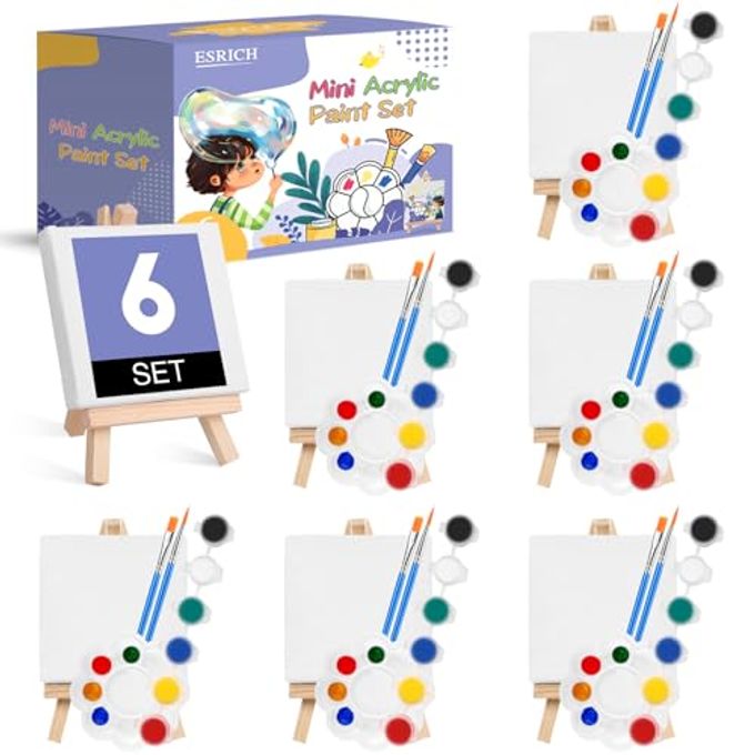 ESRICH 6 Set Mini Acrylic Paint Kit,Minis Stretched Canvas with Easel,Acrylic Paint Strips,Paint Palettes,Painting Brushes, Mini Canvas and Easel Set for Kids Artists Beginner,Gift - Image 4