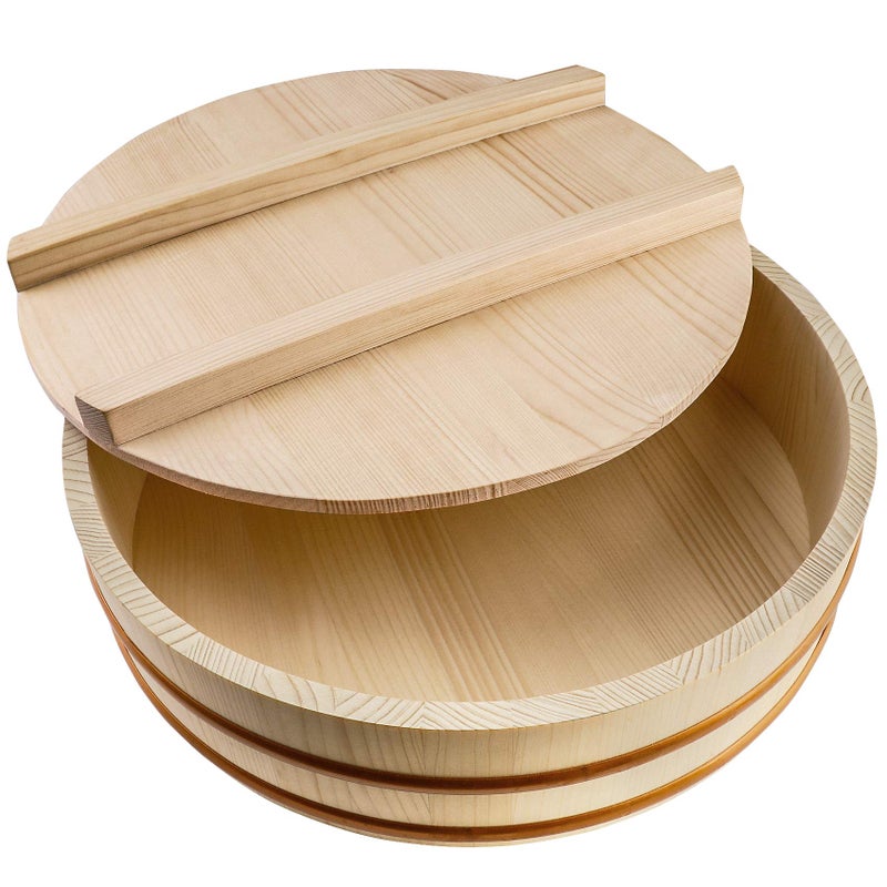 Kichgather Wooden Sushi Rice Bowl with Lid Hangiri Sushi Oke Sushi Rice Mixing Tub 13 with lid