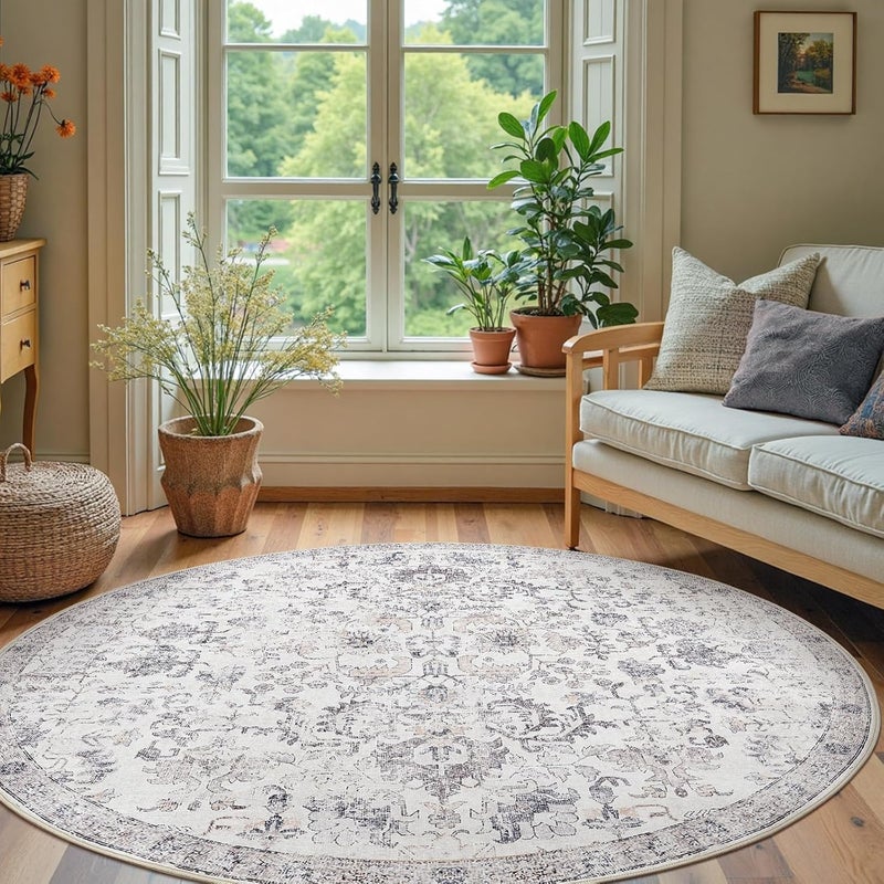 jinchan Round Rug 7ft Area Rug Washable Vintage Indoor Retro Floor Cover Distressed Gray Floral 7' Round Circle Boho Non Slip Thin Carpet for Living Room Dining Room Bedroom Kitchen Grey - Image 3