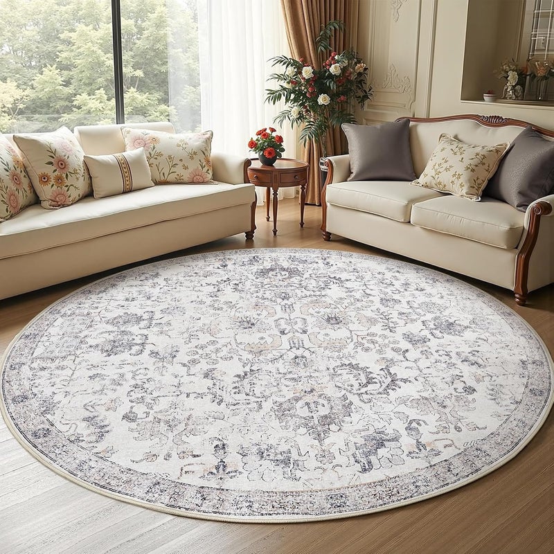 jinchan Round Rug 7ft Area Rug Washable Vintage Indoor Retro Floor Cover Distressed Gray Floral 7' Round Circle Boho Non Slip Thin Carpet for Living Room Dining Room Bedroom Kitchen Grey - Image 4