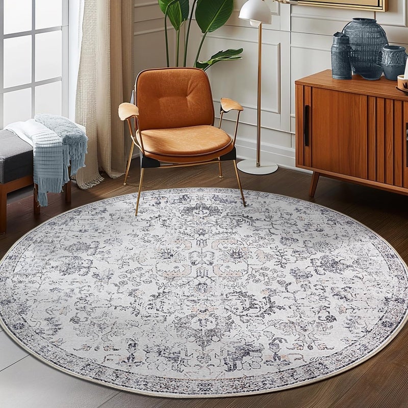 jinchan Round Rug 7ft Area Rug Washable Vintage Indoor Retro Floor Cover Distressed Gray Floral 7' Round Circle Boho Non Slip Thin Carpet for Living Room Dining Room Bedroom Kitchen Grey - Image 2