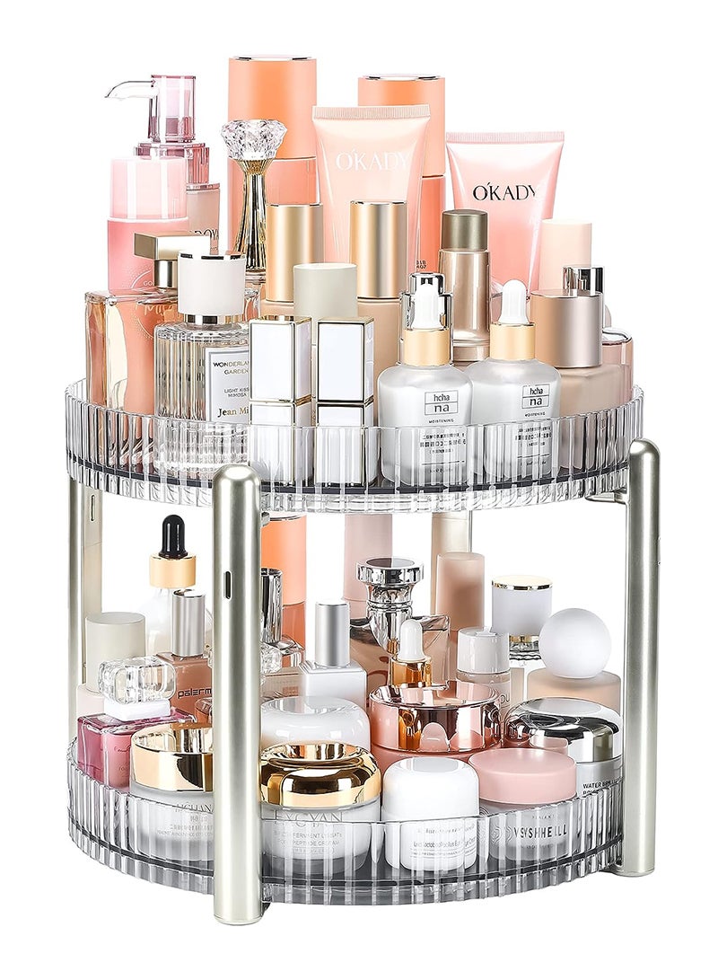 شاربدو منظم مكياج دوار، رف حامل مكياج لعرض مستحضرات التجميل بسعة كبيرة بطبقتين للحمام وعطور العناية بالبشرة وفرش أحمر الشفاه وظلال العيون - Image 1
