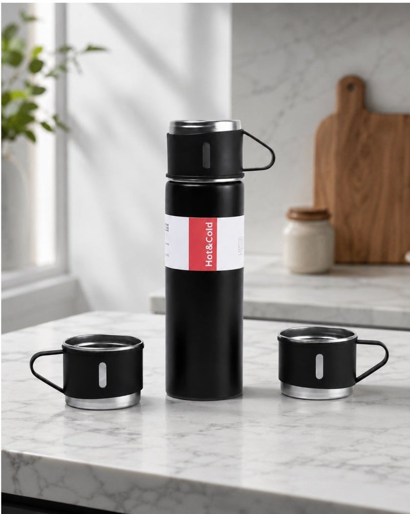 Vacuum Flask كذا هوم ترمس ستانلس ستيل، قطعة واحدة، زجاجة حرارية مزدوجة العزل باللون الأسود والفضي بغطاء كوب للمشروبات الساخنة والباردة والسفر - Image 2