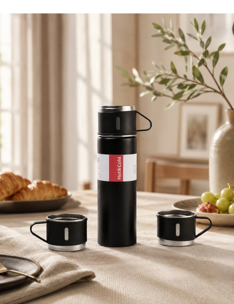 Vacuum Flask كذا هوم ترمس ستانلس ستيل، قطعة واحدة، زجاجة حرارية مزدوجة العزل باللون الأسود والفضي بغطاء كوب للمشروبات الساخنة والباردة والسفر - Image 3