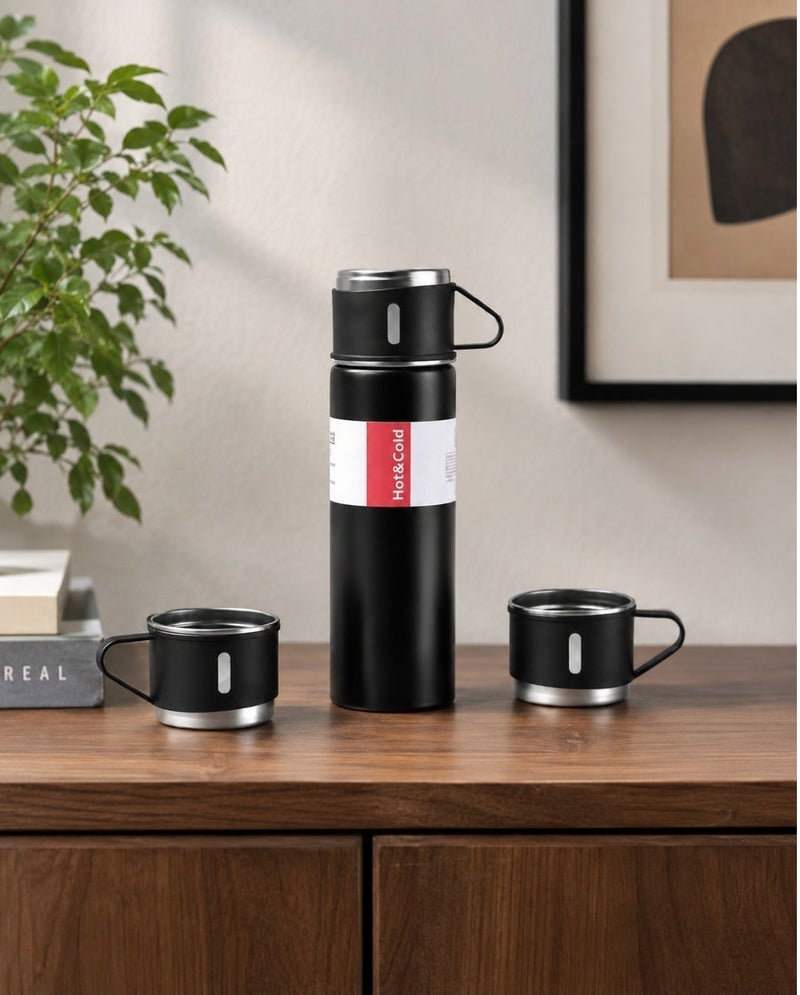 Vacuum Flask كذا هوم ترمس ستانلس ستيل، قطعة واحدة، زجاجة حرارية مزدوجة العزل باللون الأسود والفضي بغطاء كوب للمشروبات الساخنة والباردة والسفر - Image 4