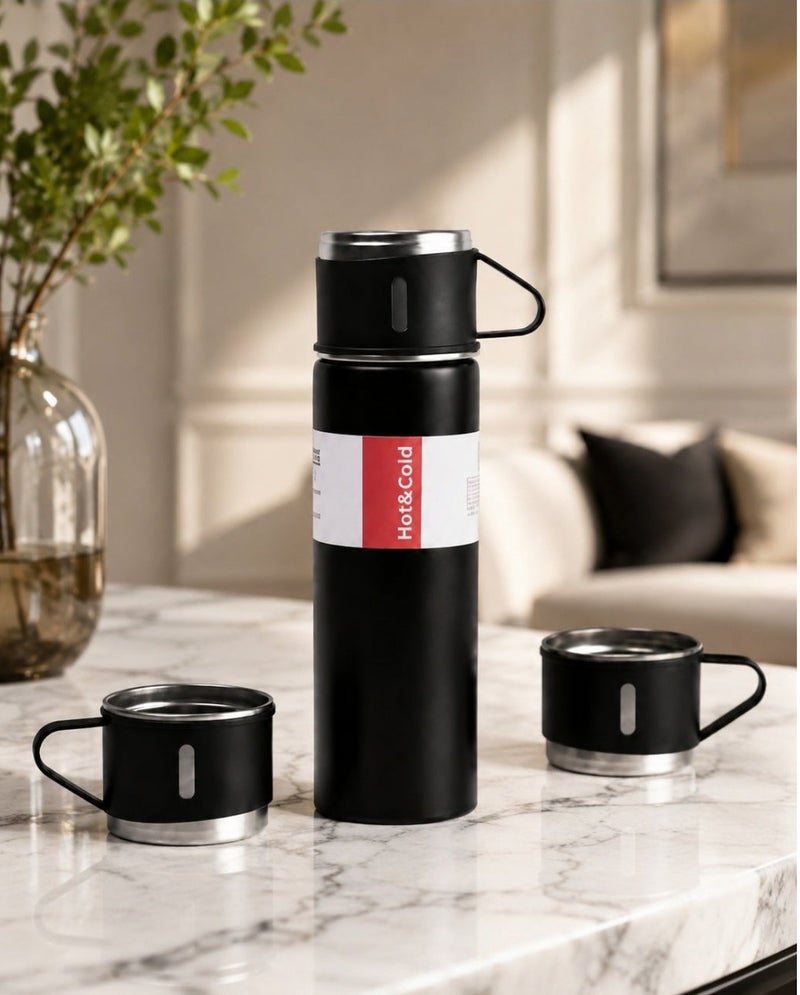 Vacuum Flask كذا هوم ترمس ستانلس ستيل، قطعة واحدة، زجاجة حرارية مزدوجة العزل باللون الأسود والفضي بغطاء كوب للمشروبات الساخنة والباردة والسفر - Image 5