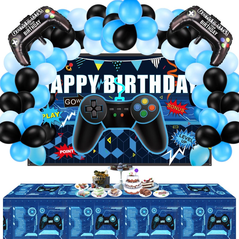 Skylety 34 Pcs Video Game Birthday Decorations Set Gamer Party Supplies with Gamer Backdrop Controller Foil Balloons Table Cover Blue Black Balloons Gaming Themed Pack for Game Night, Room Decor - Image 1