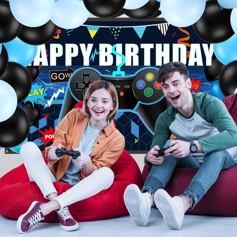 Skylety 34 Pcs Video Game Birthday Decorations Set Gamer Party Supplies with Gamer Backdrop Controller Foil Balloons Table Cover Blue Black Balloons Gaming Themed Pack for Game Night, Room Decor - Image 5