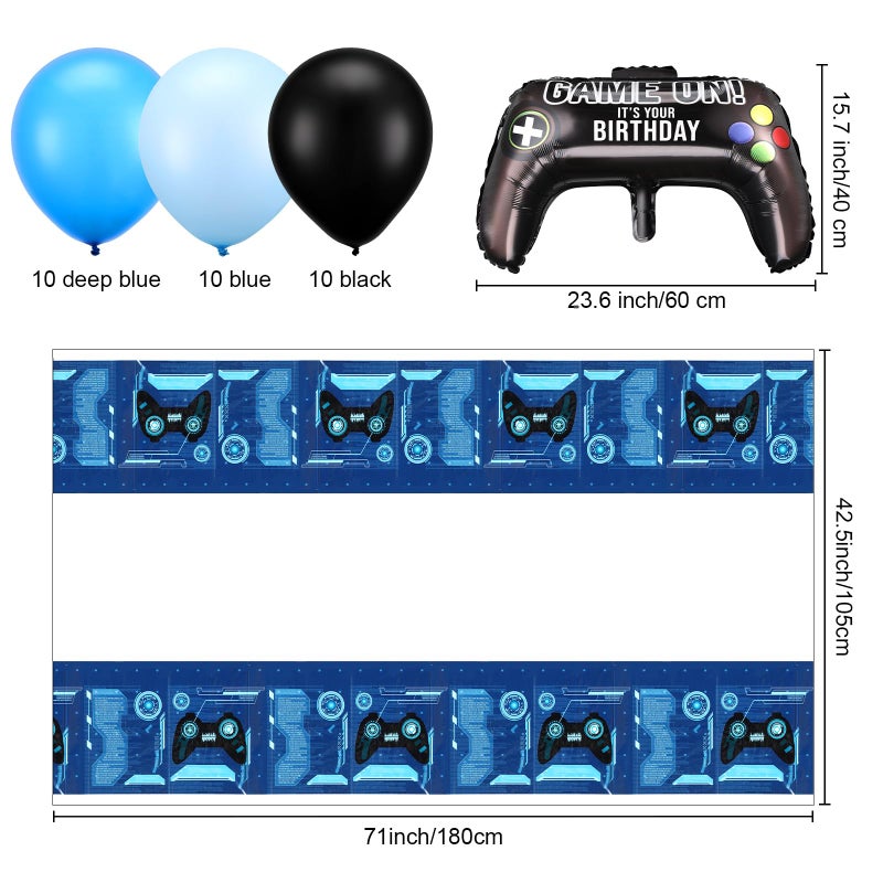Skylety 34 Pcs Video Game Birthday Decorations Set Gamer Party Supplies with Gamer Backdrop Controller Foil Balloons Table Cover Blue Black Balloons Gaming Themed Pack for Game Night, Room Decor - Image 3