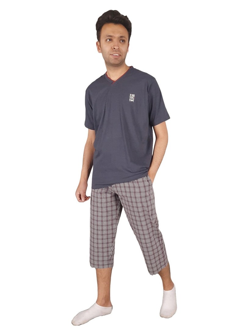 Jet Summer Pajama Set Solid Top V Neck& Checks Bermuda-Dark Grey